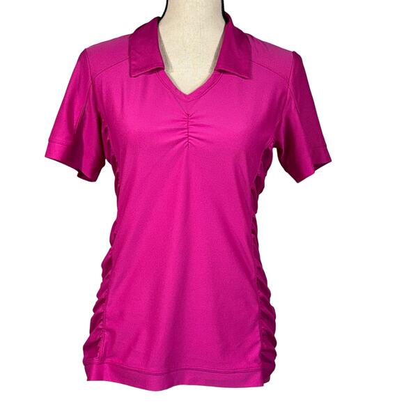 Athleta Medium BIrdie Polo Top V-Neck Stretch Ruched Sides Short Sleeves Pink - Picture 1 of 10